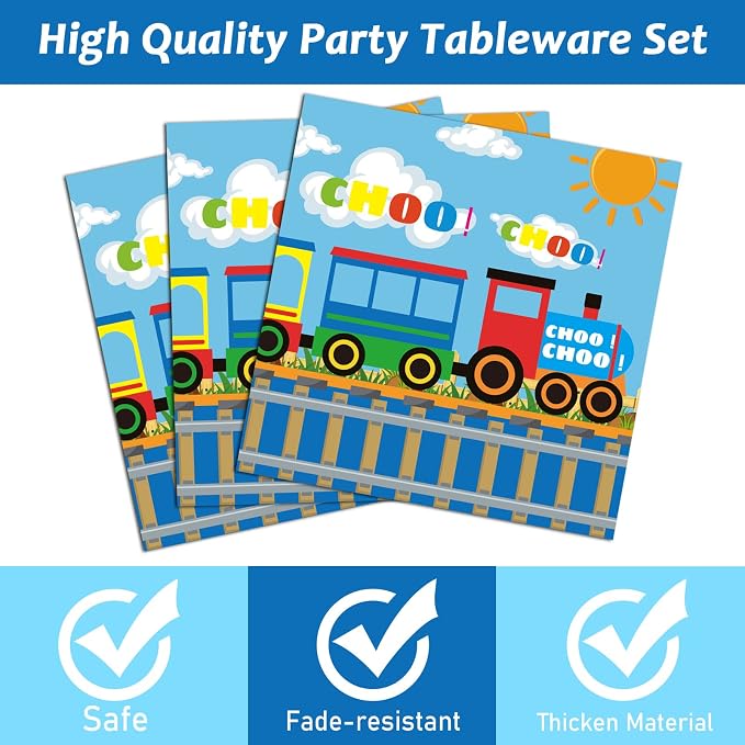 200Pcs Train Party Plates and Napkins Train Birthday Party Supplies Transportation Disposable Paper Decoration for Kids Birthday With Dinner Plates Dessert Plates Napkins Plastic Forks, Serves 50