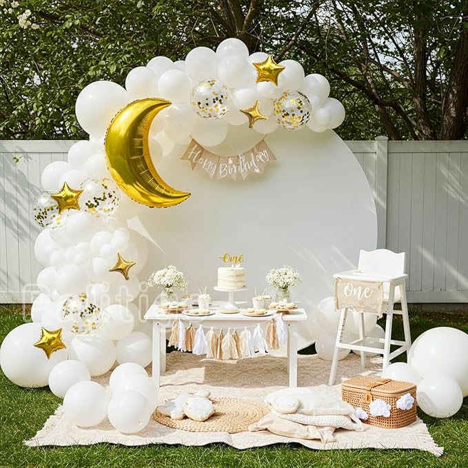 White Balloon Garland Kit - 131pcs White Balloons with Moon and Star, Perfect for Twinkle Twinkle Little Star Baby Shower, Gender Reveal,Birthday Parties, Weddings and Festive Celebrations