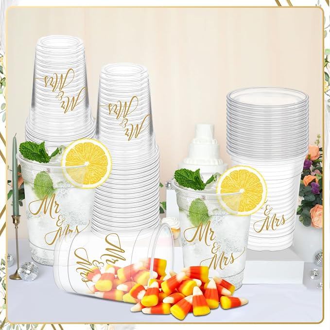 50Pcs Mr and Mrs Cups, 12oz Wedding Plastic Cups for Home Kitchen Decorations Wedding Reception Supplies Birthday Party Favors