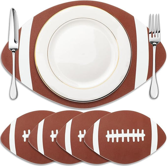 Remerry 15 Inch Football Party Supplies Placemats Set of 4 Leather Foot Ball Shape Place Mat for Football Party Decorations Heat Resistant Seasonal Autumn Table Mats for Game Day Autumn Kitchen