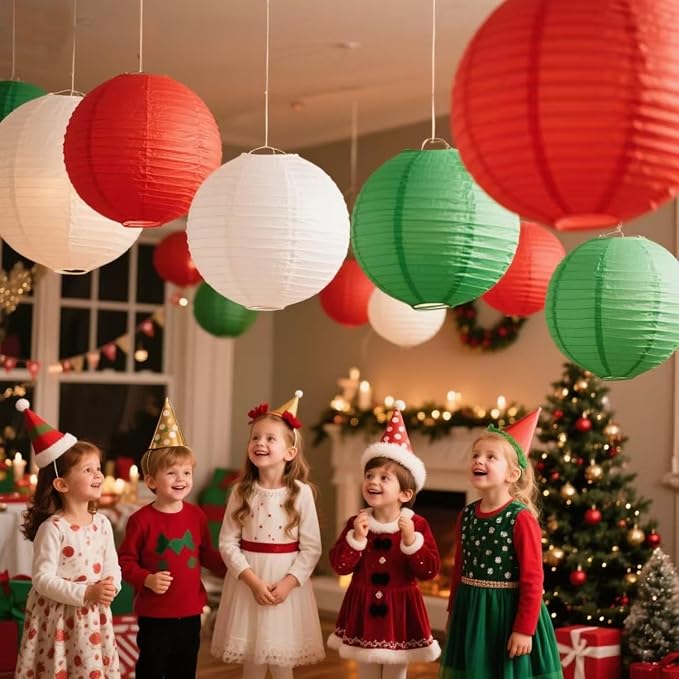 Red -White and Green Paper Lanterns 12Pcs Hanging Lanterns for Christmas Theme, Wedding, Birthday Party, Baby Shower Festive Decoration