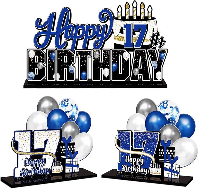 LINGTEER Happy 17th Birthday Blue Acrylic Table Topper Centerpieces Set - Cheers to Seventeen Years Old Birthday 17th Bday Party Gift Decorations.