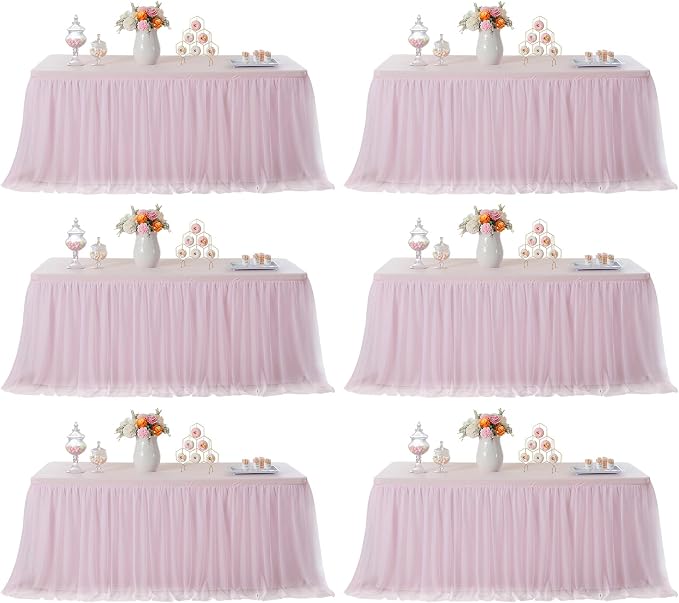 familus Pink Table Cloths 8 Foot Rectangle 6 Pack Stretch Ruffle Tulle Tablecloth Spandex Fitted Table Cover for 8 Foot Tulle Table Skirts for Party Wedding Table Cloths, Banquets
