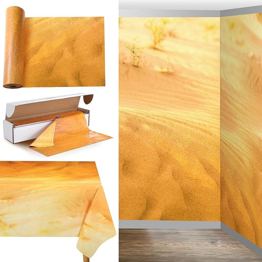 Oudain 54 Inch x 100 ft Desert Sand Wall Backdrop Tablecloth Roll with Cutter Box Plastic Vbs Party Background for Western Cowboy Wild Birthdays, Beach Parties, Safari Themed Events (Gradient Gold)