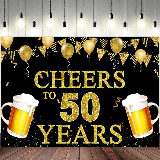 9x6ft 50th Birthday Backdrop Cheers to 50 Years Photography Background Golden Balloon Beer Men Women 50th Birthdays Party Banner Decorations Anniversary Celebration Parties Photo Booth Prop