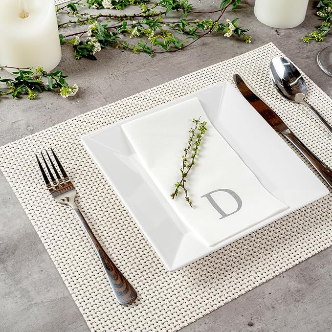 Luxenap 15.8 X 7.9 Inch Linen-Feel Guest Towels, 50 Lettered Hand Towels - Silver Letter 'D', Sans Serif Font, White Paper Dinner Napkins, airlaid, For Restrooms And Tables - Restaurantware