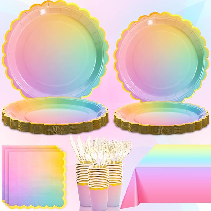 169 Pcs Rainbow Birthday Decorations, Rainbow Plates, Pastel Birthday Plates and Napkins Serves 24, Girls Party, Pastel Party Decorations，Colorful Pride Month