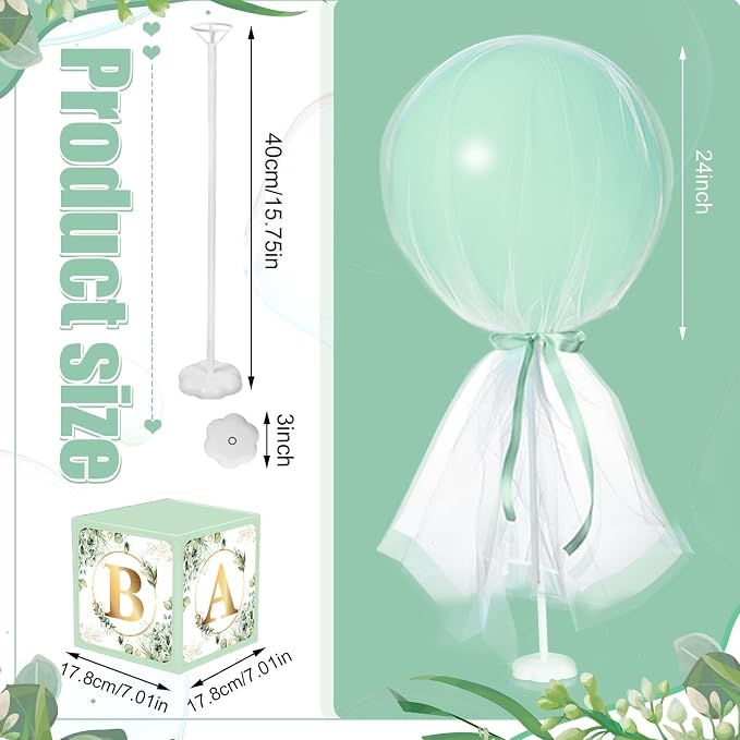 4 Set Sage Green Tulle Tutu Balloon with Letter Boxes Baby Shower Table Centerpieces Decor for Gender Reveal 24'' Balloons White Tulle Cover with Stand, Boxes for Girl Boy Wedding Birthday Party