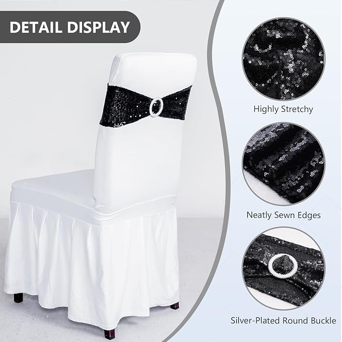 SquarePie Pack of 10 Sequin Chair Sashes Bands Glitter Black Double-Sided Sequins Stretch Chair Cover Bows with Buckle Slider for Wedding Party Fiesta Banquet Decor
