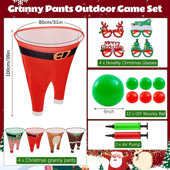 21 Pcs Christmas Granny Pants Outdoor Game, 4 Giant Granny Funny Pants with 1 Pump 12 Bouncy Balls & 4 Christmas Glasses, Holiday Tossing Game for Adults Family Yard Party