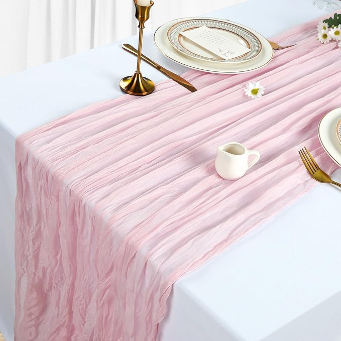 12 Pack Pink Table Runner Cheesecloth 10Ft Spring Gauze Cheese Cloth Table Runner 35x120 Inch Boho Sheer Rustic Fabric for Holiday Party Decor Baby Shower Wedding Decorations