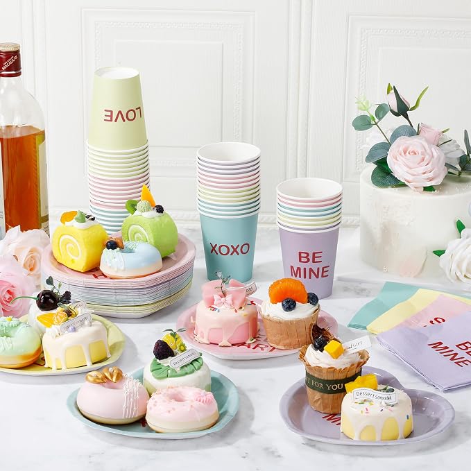 Maxcheck 196 Pcs Conversation Heart Party Supplies Valentine's Day Party Tableware Decorations Heart Disposable Paper Plates Napkins Cups for Valentine Anniversary Birthday Wedding, Serves 48(Pastel)