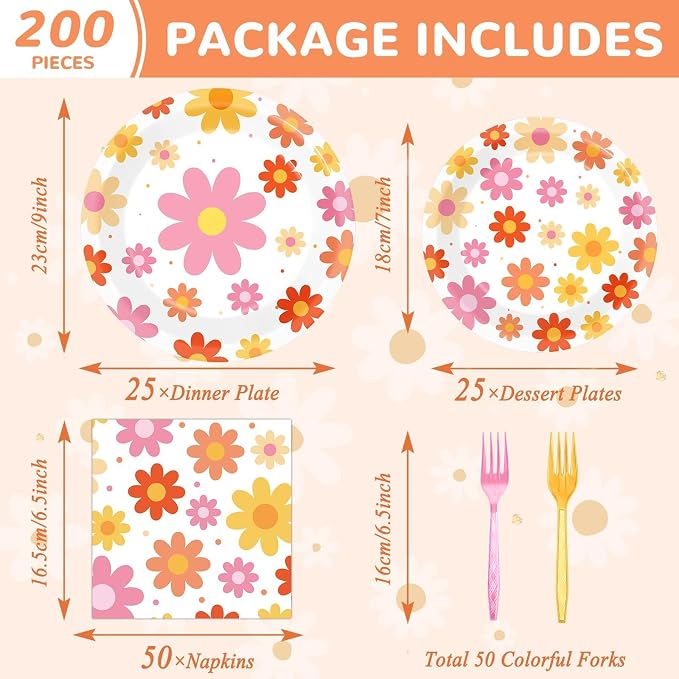 Qyeahkj 50 Guests Groovy Daisy Plates and Napkins Party Supplies Boho Hippie Party Decorations Disposable Tableware Set Retro Hippie Daisy Dinnerware Favor for Birthday Baby Shower,200PCS