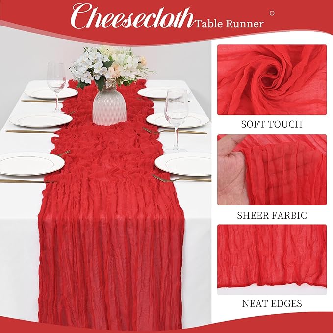 12 Pack 10Ft Red Cheesecloth Table Runner 35 x 120 inch Boho Gauze Cheese Cloth Table Runner Vintage Rustic Sheer Runners for Wedding Bridal Shower Birthday Party Cake Table Decorations