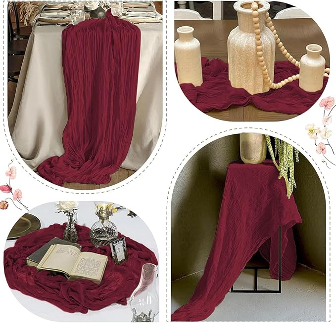 12 Pack Burgundy Red Cheesecloth Table Runner 17 x 108 Inch Gauze Table Runner Fabric Semi Sheer Cheese Cloth Table Decor Bulk for Rustic Romantic Wedding Baby Shower Table Decoration