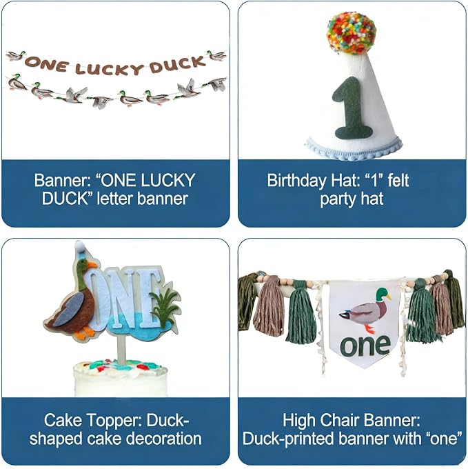 One Lucky Duck 1st Birthday Decorations- Mallard Duck Hunting High Chair Banner，One Lucky Duck Highchair Banner First Birthday with Cake Topper, Party Hat Mallard Duck Birthday Party Supplies