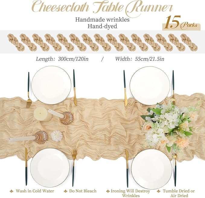 15 Packs Cheesecloth Table Runner Beige,10 Ft Rustic Gauze Boho Wedding Table Runner Decoration, Wedding Table Decor Table Cloth for Wedding Party Bridal Shower Table,21.5x120in