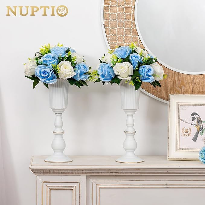 Nuptio 10 Pcs Flowered Metal Trumpet Vase Elegant Wedding Centerpieces Vase for Party Dining Room Decoration, 23.2cm Tall Artificial Flower Arrangements for Anniversary Ceremony, White