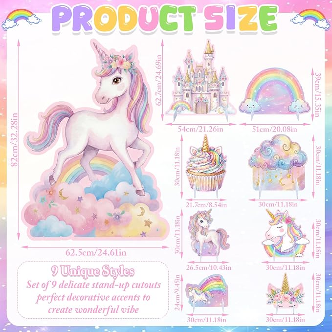 9 Pcs Unicorn Party Decorations Set, Large Rainbow Unicorn Centerpiece with Castle & Clouds, Extra Big Table Decor for Birthday, Pastel, Party Supplies