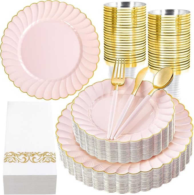 Ciaell 175 PCS Pink Scalloped Plastic Plates with Gold Trim - Pink Plastic Silverware with Handle - Fancy High-End Dinnerware Sets for Wedding & Baby Showers & Party
