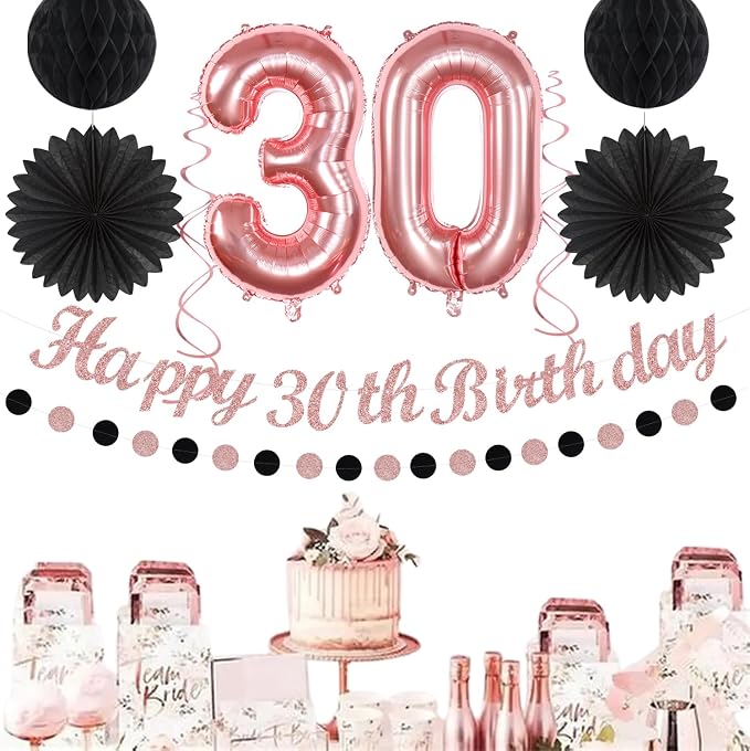 Rose-Gold Pink Black Women 30th Happy Birthday Party Decorations Hugmoon | 21pcs Kit 30th Balloon,Cute Girl Banner,Streamers,Tissue Paper Pom Poms Flowers Fans,Birthday Garlands Decor Backdrop