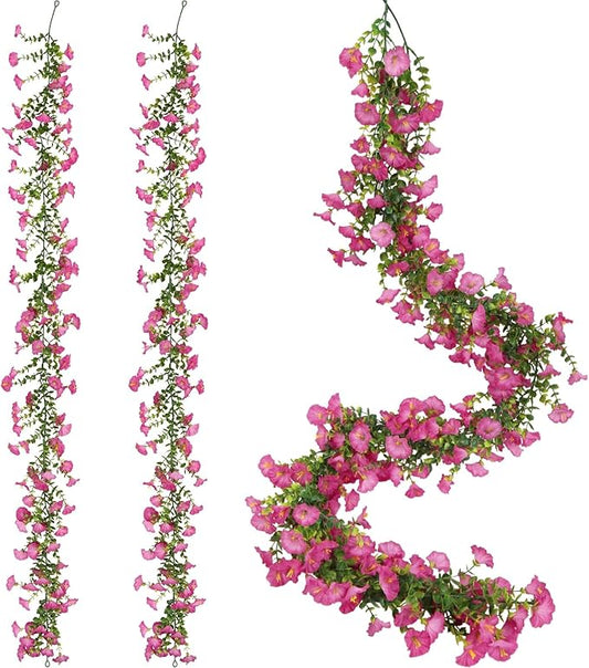 2 Pack Artificial Petunias Flowers Garlands for Outdoor, 6FT Pink Fake Morning Glory Flowers Vine Faux Silk Flowers for Home Garden Table Centerpieces Wall Wedding Decor(Pink)