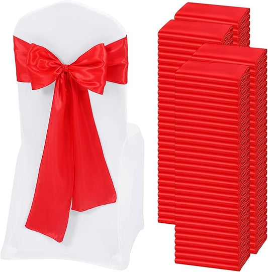 120 PCS Red Satin Chair Sashes, Ties Bows Designed Chairs Decorative, Chair Cover Sashes for Thanksgiving Wedding Christmas Banquet Party Home Kitchen Decoration (7 x 108 inch)