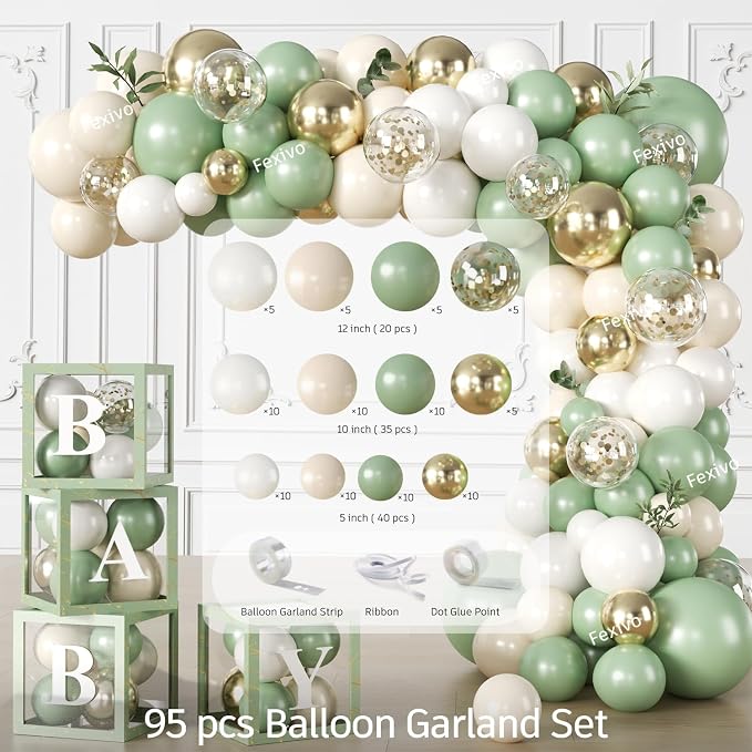 286 Pcs Sage Green Baby Shower Decorations Set-Serves 25 Guests -All-in-One Gender Neutral Party Supplies Kit Includes Balloon Arch, Backdrop, Tableware Set, and Sash