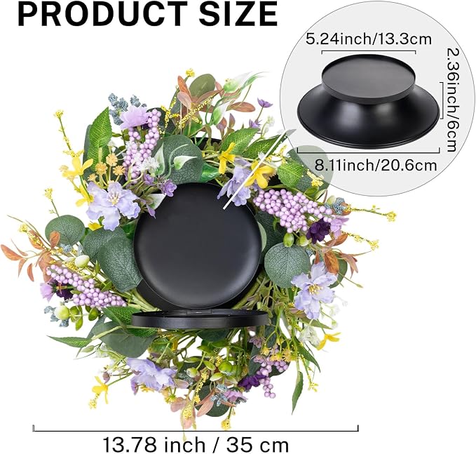 MOYEE Summer Centerpieces for Tables Candle Ring, Black Metal Candlestick with an Artificial Wreaths 14 in Versatile Dining Table Centerpiece Decor (Purple Foam Flower Wreath)