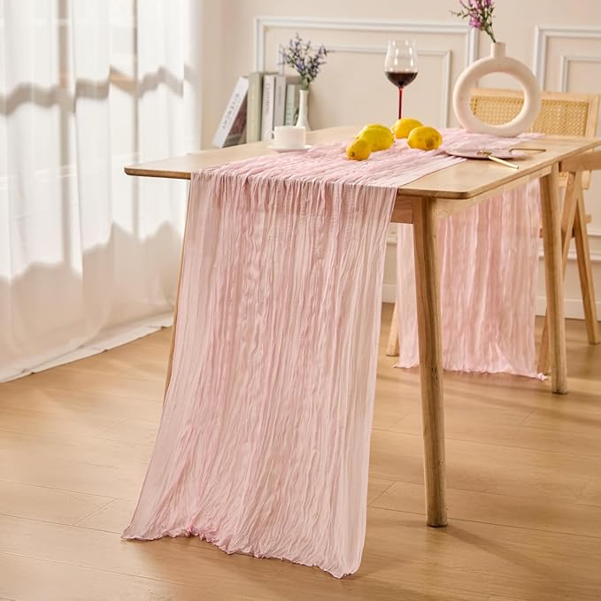 3 Pack Blush Pink Spring Table Runner Boho Cheesecloth Table Runners Bulk 10 ft Gauze Sheer Mother's Day Table Centerpieces for Wedding Ceremony Anniversary Bridal Baby Shower Banquet