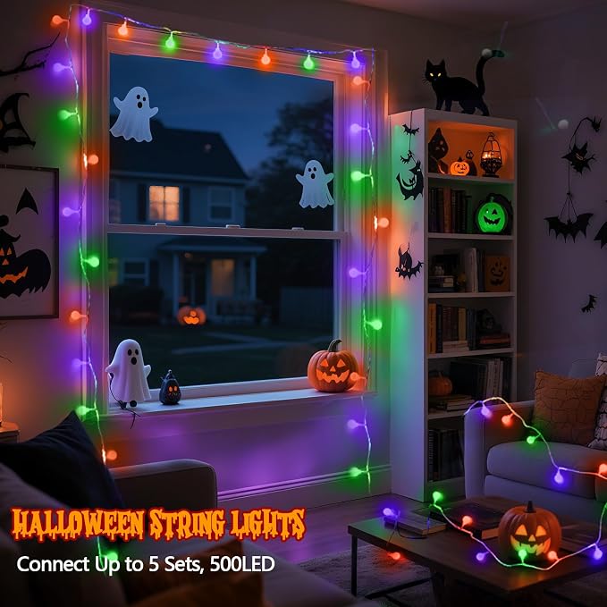 Connectable Orange Purple and Green Halloween Lights Outdoor Indoor - 43FT 100LED Globe String Lights Plug in with Timer, 13 Modes Fairy Light Waterproof for Party Halloween Decorations Bedroom Decor