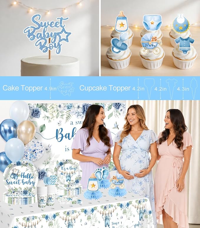 cocomigo 222Pcs Baby Boy Shower Decorations, All-in-One Blue Baby Shower Party Supplies Includes Banner, Backdrop, Cake Topper, Paper Plates and Napkins, Easy Setup Baby Shower Boy Decor, Serves 25