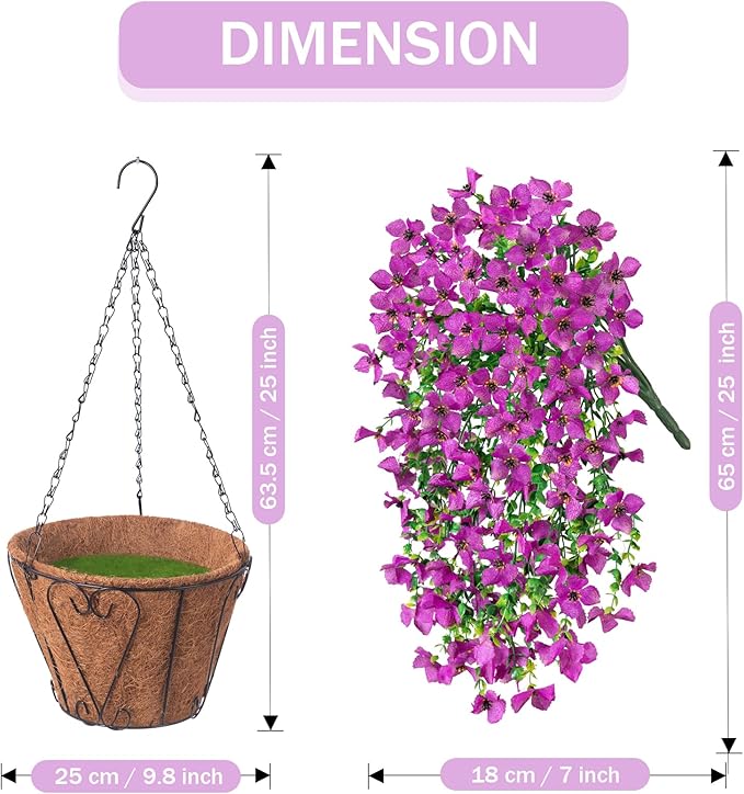 INXUGAO Artificial Hanging Flowers Plants with Basket for Outdoors, Realistic Faux Silk Daisy Flower Eucalyptus for Spring Decor, UV Resistant Fake Plants for Porch Patio Yard Balcony, Purple