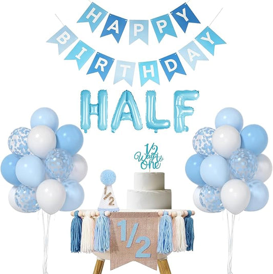 1/2 Birthday Boy Half Birthday Decorations – Blue Party Supplies with Banner, Hat, Cake Topper, and Balloons for 6 Months Baby