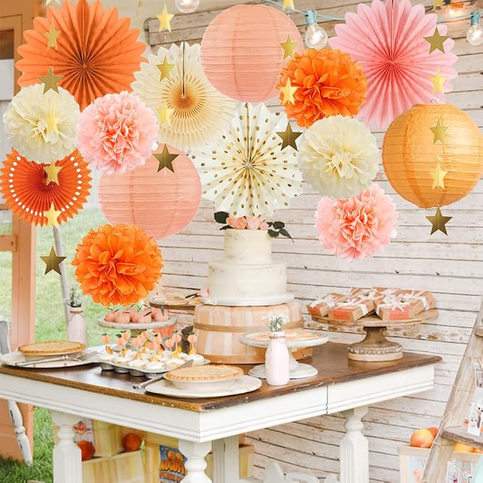 Beige Orange Peach Fall Party Decorations Boho Orange Peach Birthday Decorations Paper Fans Lanterns Peach and Cream Party Decorations for Autumn Baby Shower Bridal Shower Wedding Engagement Party