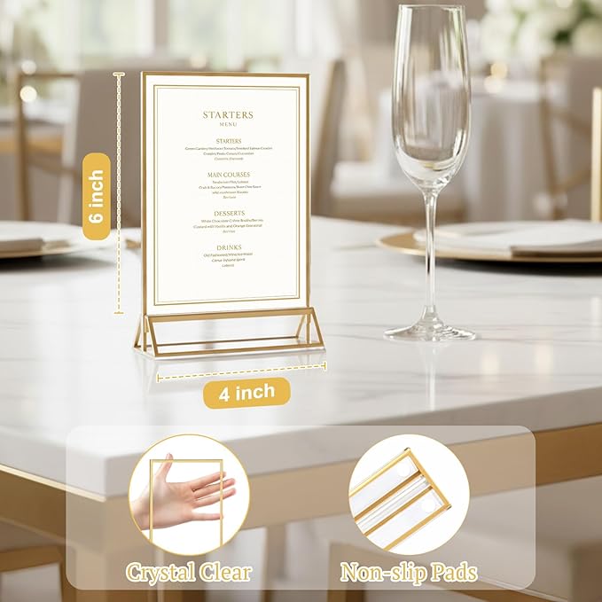 EHWINE 8 Pack 4×6 Clear Acrylic Sign Holder with Gold Borders and Vertical Stand, Double Sided Table Menu Holders Picture Frames for Wedding Table Numbers, Restaurant Signs, Photos and Art Display