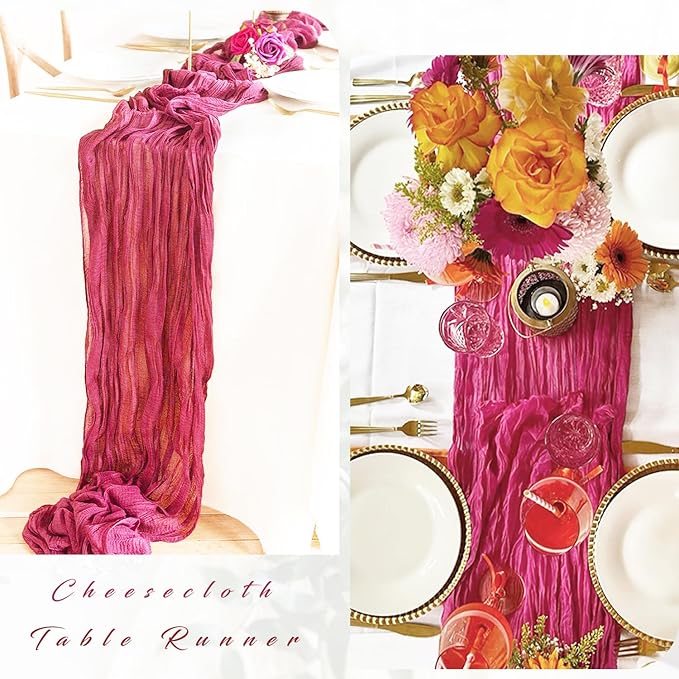 12 Pieces Hot Pink Cheesecloth Table Runners 10FT Gauze Fabric Runner for Tables Boho Table Runner Decoration Rustic Sheer Runner for Wedding Birthday Baby Bridal Shower Party (35 x 120 Inches Long)