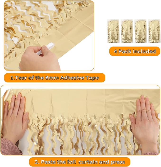 4 Pack Wavy Champagne Gold Metallic Tinsel Foil Fringe Curtains Backdrop - 3.3X6.6ft Foil Fringe Backdrop for Parties | Door Streamers for Birthday | Photo Booth Backdrops Party Decor