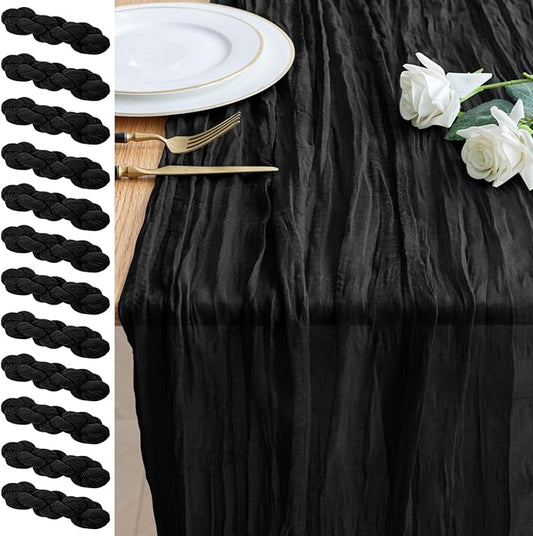 12PCS Table Runner Cheesecloth 10FT Black Boho Gauze Cheese Cloth Rustic Sheer Table Runners for Wedding Birthday Bridal Baby Shower Party Decoration