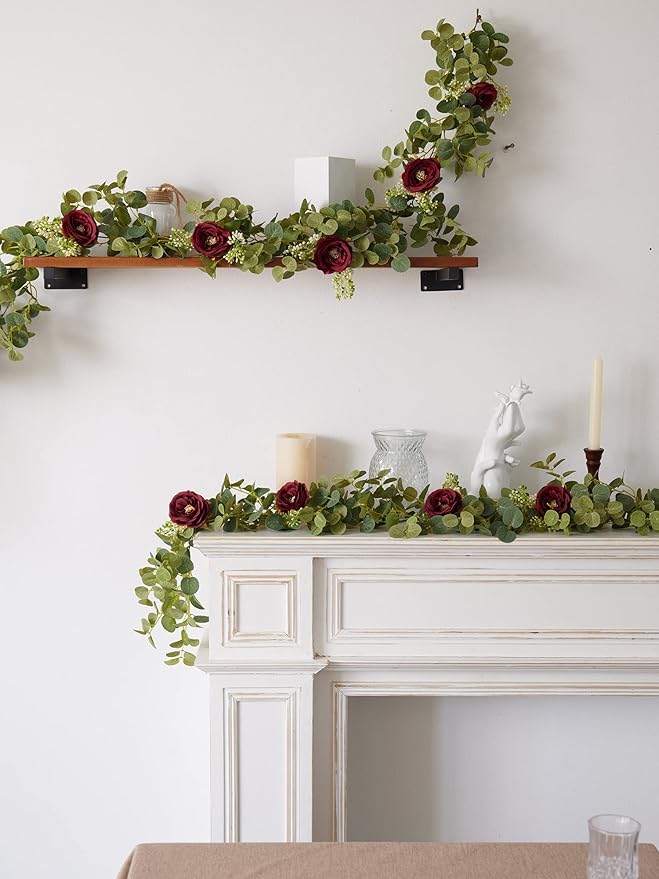 PARTY JOY 6.5 ft Eucalyptus Garland with Flowers, Floral Greenery for Party Wedding Table Indoor Outdoor Backdrop Wall Decor (Red,1)