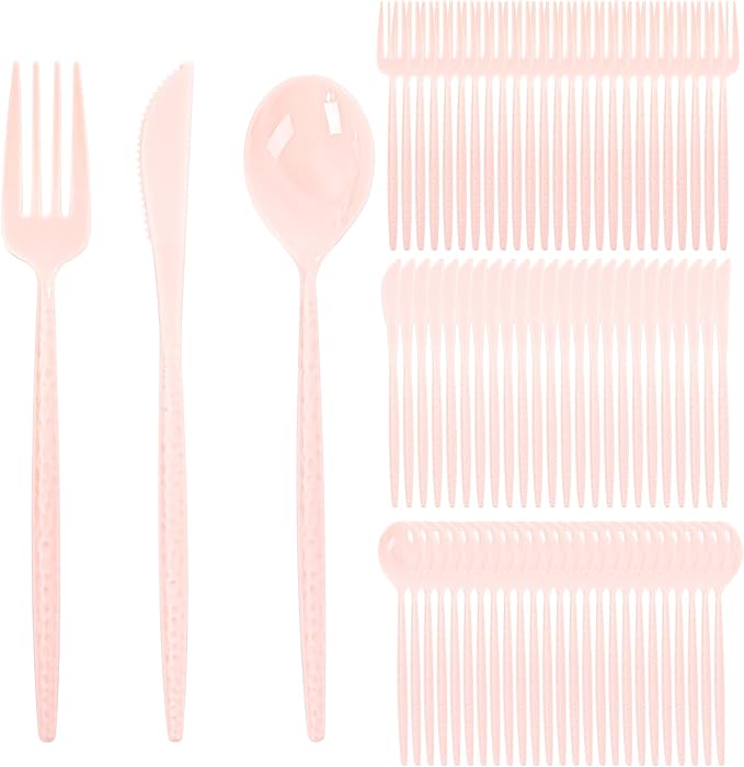 Supernal 360pc Heavy Duty Pink Plastic Silverware Set for Wedding Party | - Durable Hammered Cutlery Flatware Utensils (120 Forks, 120 Knives, 120 Spoons) Bulk Pack for Bridal Shower Birthday Party