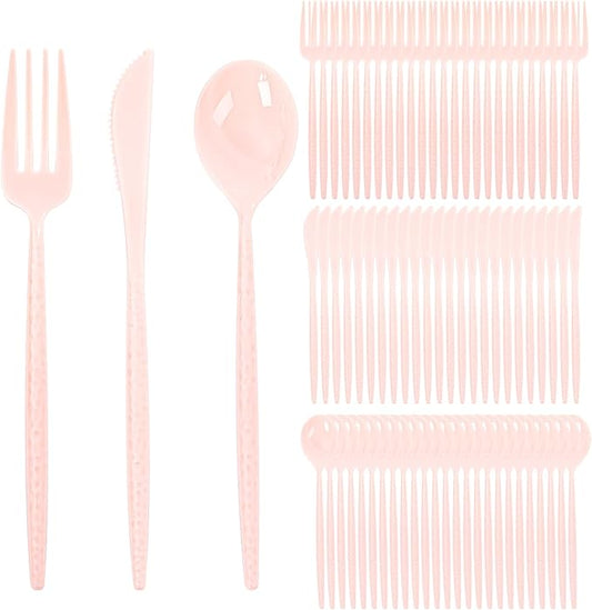 Supernal 360Pcs Pink Plastic Silverware,Heavy Duty Disposable Silverware,Hammered Disposable Cutlery,Pink Utensils Set Include 120 Knives,120 Forks and 120 Spoons Suitable for Wedding,Party&Birthday