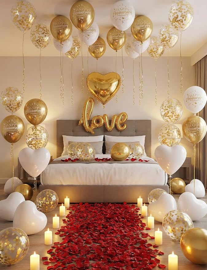 Happy Anniversary Decorations, Gold and White Romantic Balloons Set with Love & Heart Foil Balloons, Happy Anniversary Balloons Banner and Silk Rose Petals for Valentine’s Day & Sweetest Day