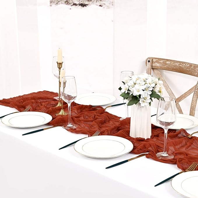 8 Pack Terracotta Cheesecloth Table Runner 10FT Boho Gauze Cheese Cloth Table Runner Rustic Sheer Fabric Table Runners for Wedding Bridal Shower Baby Shower Party(21.5×120 Inch)
