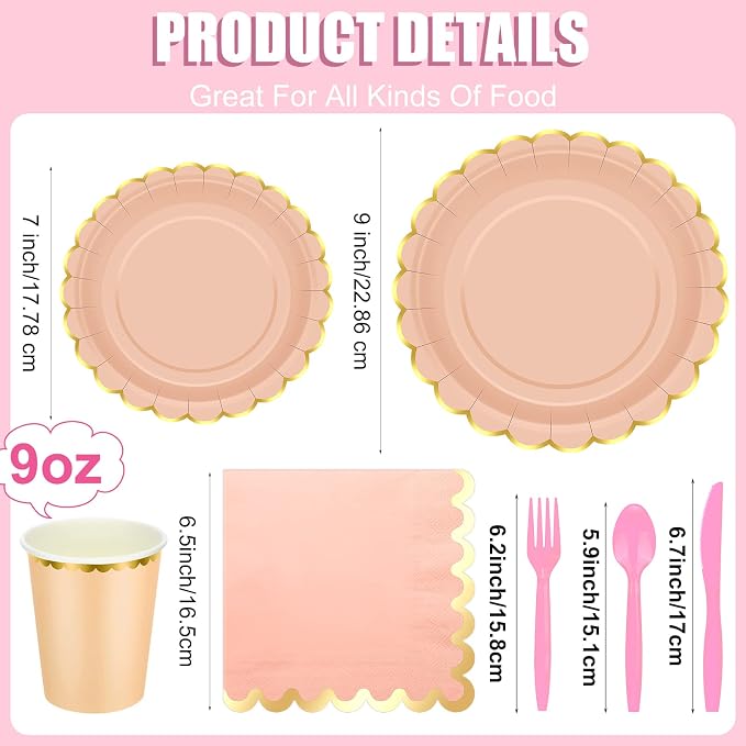 Yaomiao 168 Pcs Pastel Scalloped Paper Plates Cups Napkin with Gold Foil Pastel Disposable Dinnerware Set Easter Party Supplies Serve 24 Guests Princess Birthday Party Baby Shower Decorations