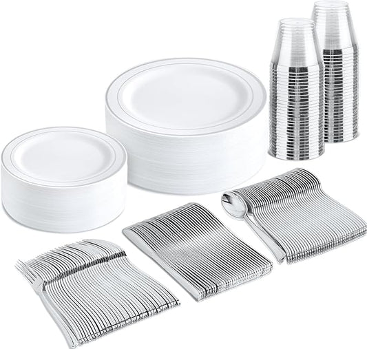 bUCLA 150-Piece Silver Disposable Dinnerware Set - White Plastic Plates with Silver Rim - Include 25 Dinner Plates, 25 Dessert Plates, 25 Forks, 25 Knives, 25 Spoons & 25 Cups for Party & Christmas