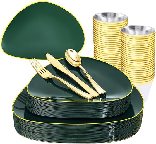 DaYammi 180Pcs Green Plastic Plates, Green Gold Disposable Plates with Gold Silverware Dinnerware Set Include: 30 Dinner Plate,30 Dessert Plate,90 Plastic Cutlery,30 Cups for Party Dinner Wedding