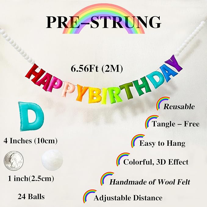 Pre-Strung Happy Birthday Banner - Felt Ball Garland - HAPPY BIRTHDAY Garland, Rainbow Party Decorations, Personalized Birthday Sign for Party Decor,Photo Prop (Birthday Banner Wearing White Balls)