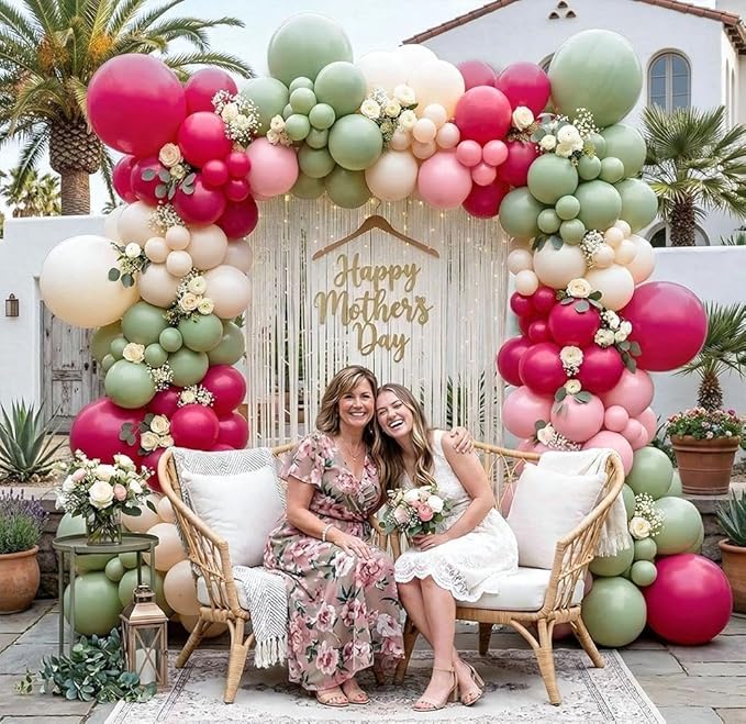 Hot Pink and Sage Green Balloon Garland Arch Kit, Double Stuffed Dusty Green Magenta & Ivory Balloon Decorations for Baby Shower, Garden Bridal Wedding, Mother's Day, Birthday, Boho Tea Party
