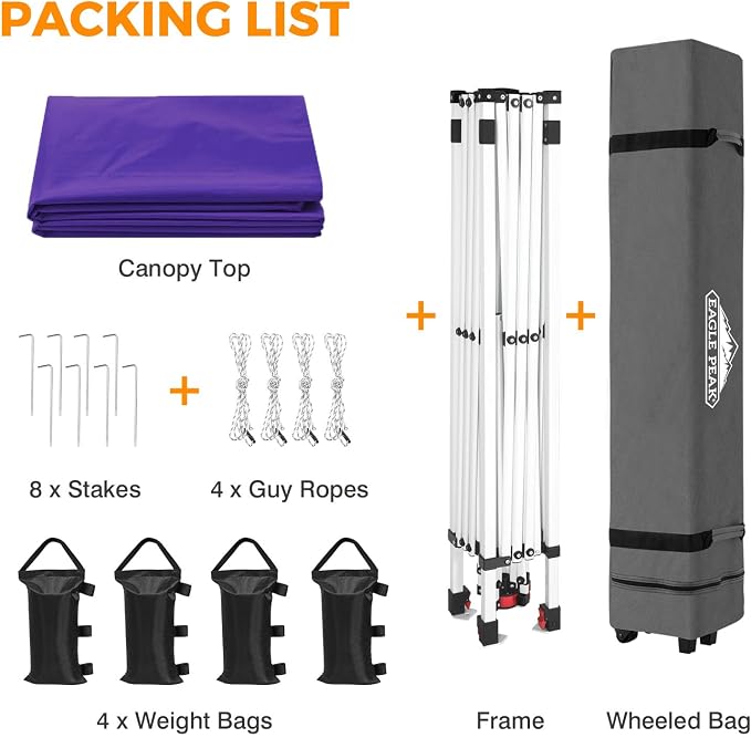 EAGLE PEAK Pop Up Canopy Tent with Wheeled Carry Bag, 8 Stakes, 4 Ropes, 4 Weight Bags, Easy Set Up Tent Canopy, 10x10 ft, 100sqft of Shade, Purple